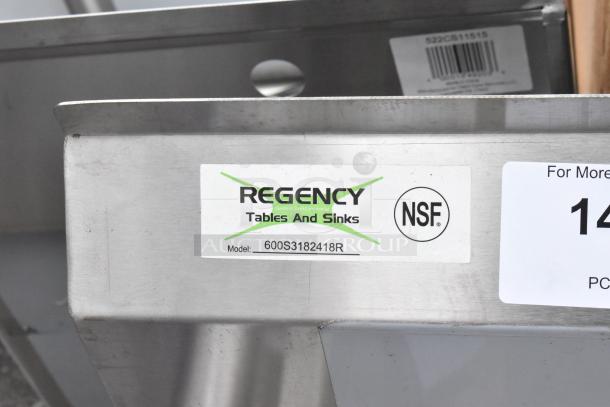Regency 600S3182418R stainless steel 3-bay sink, right side drain board, scratch and dent, no legs, NSF certified.