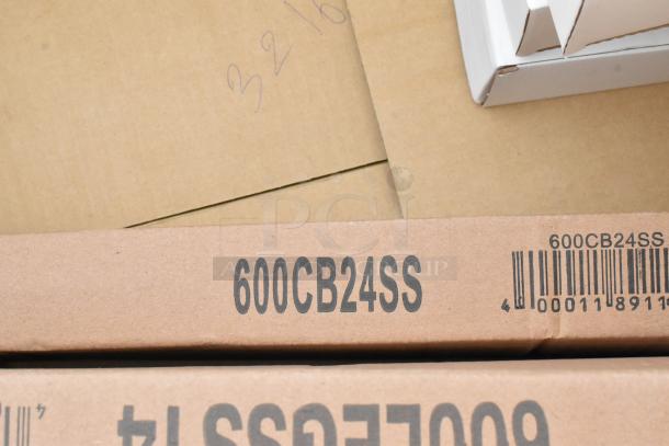 Cardboard box labeled "600CB24SS," containing a Regency 600S31824218 stainless steel 3-bay sink, new condition.