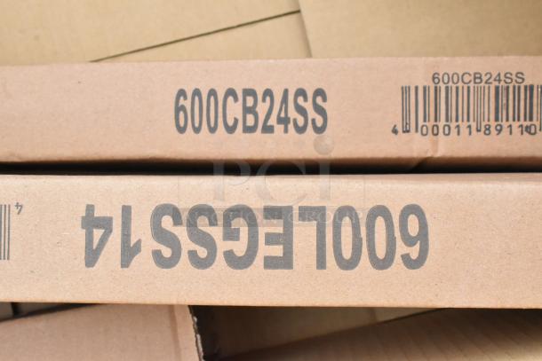 Cardboard packaging for Regency 600S31824218 Stainless Steel Commercial 3 Bay Sink with barcodes and item codes visible.