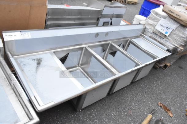 BRAND NEW Regency 600S31824218 stainless steel 3 bay sink, dual drain boards, scratch and dent, commercial use.