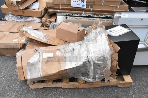 Three brand new "scratch and dent" office items on pallet, including 360 Office Furniture depository safe and Tor Rey digital scale.