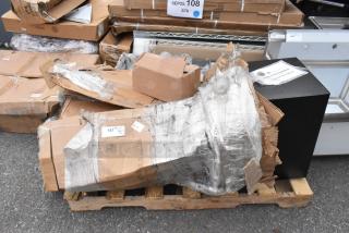 Three brand new "scratch and dent" office items on pallet, including 360 Office Furniture depository safe and Tor Rey digital scale.