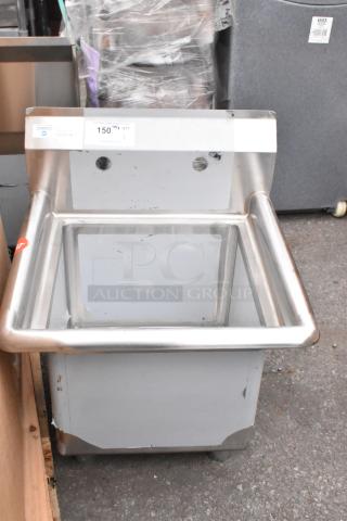 Steelton 522CS11515 stainless steel single bay sink, brand new with scratches and dents, missing legs, product label visible.