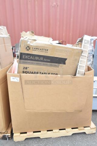 Box of 8 new scratch and dent items. Includes Lancaster 28" Excalibur table tops. Damaged box, contents undamaged.