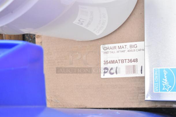 10 new scratch and dent items including Flash Furniture MAT-124086-GG chair mat, 351MATBT3648 code visible, labeled PCI 1.