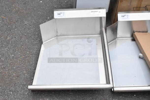 Brand new Regency 600CDT24R 2' clean dish table, 16 gauge steel, right drainboard, minor scratches visible, NSF certified.