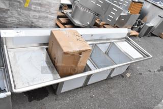 Brand new Steelton 522CS31620LR stainless steel 3 bay sink with dual drain boards, minor scratches.