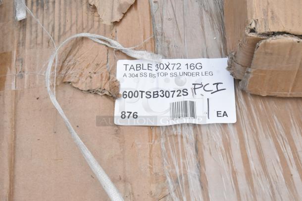 Label on cardboard box for Regency 600TSB3072S, a 30" x 72" 16-gauge stainless steel work table with backsplash.