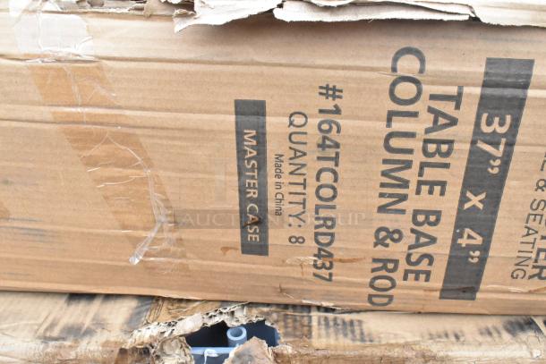 Cardboard box labeled "TABLE BASE COLUMN & ROD," showing item #164TCOLRD437, quantity 8, made in China. Box is slightly damaged.