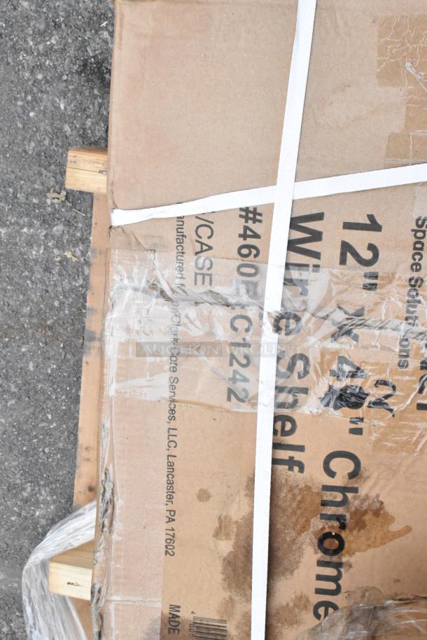 Cardboard box containing 460EC1242 Regency 12" x 42" NSF Chrome Wire Shelf, sealed with tape and white straps.