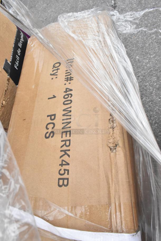 Cardboard box of 460WINERK45B Regency 45-Bottle Wine Rack Module wrapped in plastic, showing slight packaging damage.