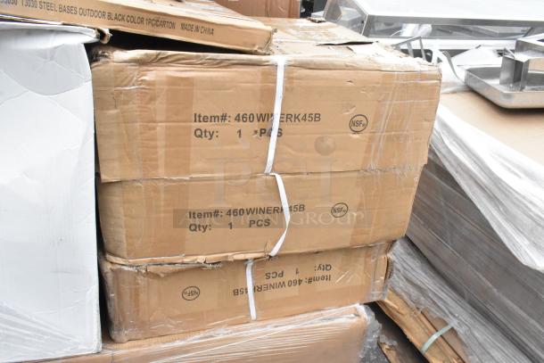 Boxes of 460WINERK45B wine rack modules stacked, labeled "NSF" with visible package wear. Contains 1 piece each.