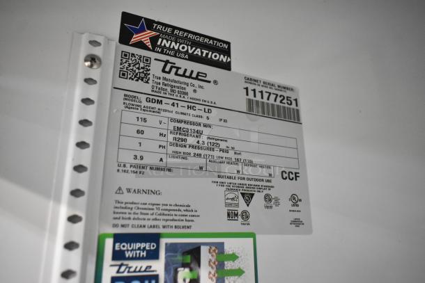 Label for True Metal Commercial 2 Door Cooler, Model GDM-41-HC-LD, 115 volts, equipped with R290 refrigerant, serial 11177251.