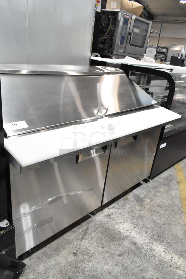 Brand new Avantco 178APT60MHC stainless steel 2-door refrigerated prep table, minor scratches. 115V, 1 phase, on casters.