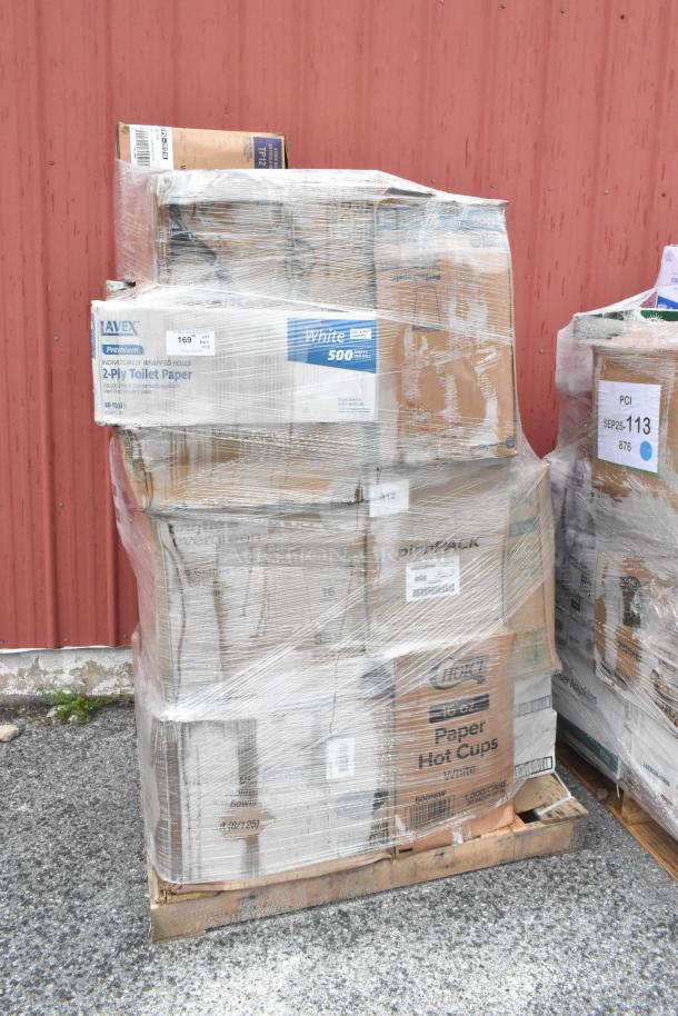Shrink-wrapped pallet with 28 new scratch and dent boxes, including Lavex toilet paper, Foam bowls, and plastic plates.