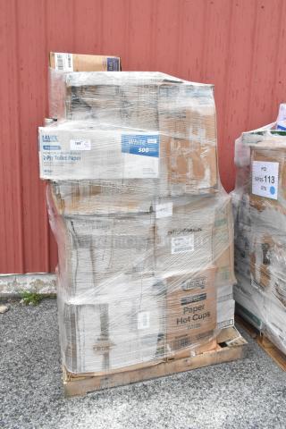 Shrink-wrapped pallet with 28 new scratch and dent boxes, including Lavex toilet paper, Foam bowls, and plastic plates.