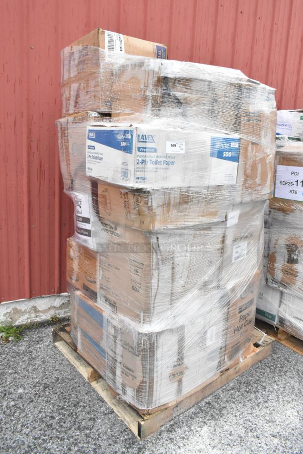 Pallet of 28 scratch and dent boxes with ramekins, foam bowls, paper towels, takeout containers, plastic plates and cups.