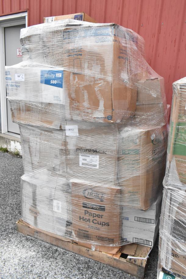 Pallet of 28 boxes labeled with "White," "Pink Pack," containing new scratch and dent ramekins, foam bowls, paper towels, and cups.