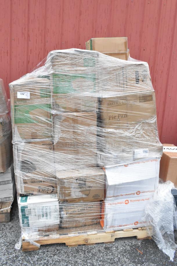 Pallet with 35 scratched and dented boxes containing dessert cups, containers, pie pans, gloves, and foil bags, wrapped in plastic.