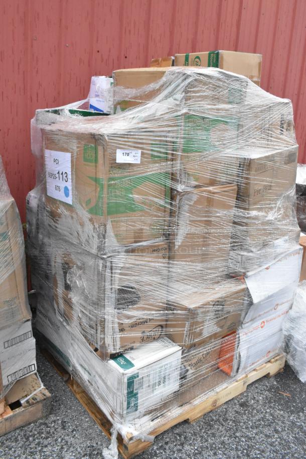 Pallet of 35 new scratch-and-dent boxes containing dessert cups, pie pans, gloves, and foil bags, wrapped in plastic.