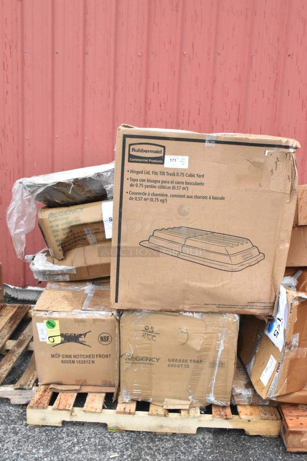 35 brand new scratch and dent boxes on pallets, including Rubbermaid tilt truck lid and Regency grease trap.