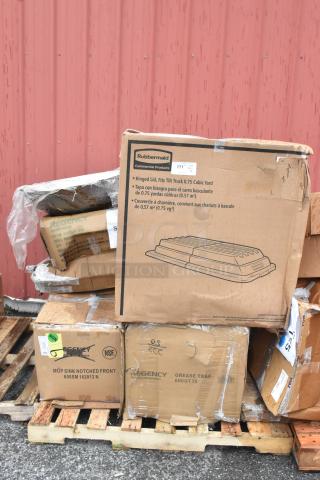 35 brand new scratch and dent boxes on pallets, including Rubbermaid tilt truck lid and Regency grease trap.