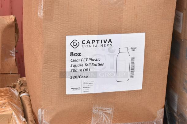 Cardboard box with label for Captiva Containers 8oz clear PET plastic bottles, 320 per case, part of auctioned scratch and dent items.