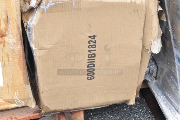 Cardboard boxes with visible tears and printed code "600DIIB1824," indicating scratch-and-dent items including a sink, work table, and juice bottles.