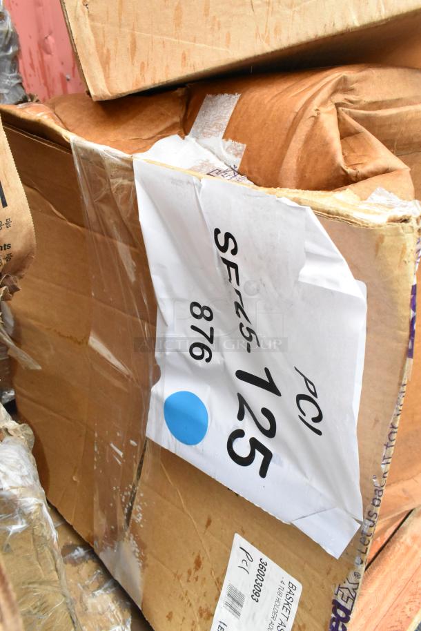 Stacked boxes with visible dents, labeled "SF25-125, PCI." New items include sink, work table, Captiva juice bottles.
