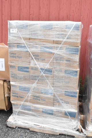 Pallet of 60 boxes of Lavex Acrylic Carton Sealing Tape, 48mm x 100m, wrapped in plastic. Brand new, 1.6 Mil thickness.