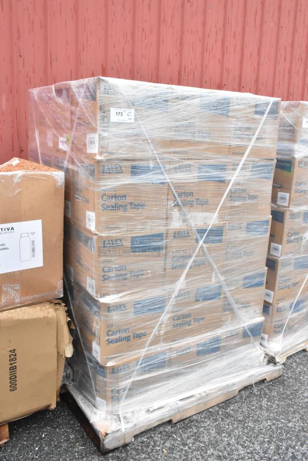 Pallet of 60 boxes Lavex carton sealing tape, 1.6 mil, 48mm x 100m, scratch and dent condition, wrapped in plastic.