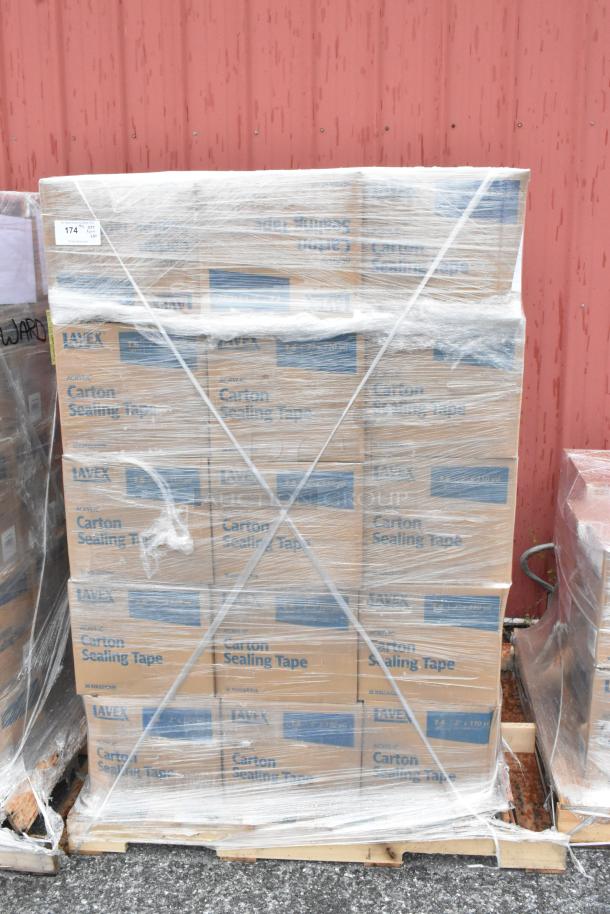 Pallet of 60 boxes Lavex 1.6 Mil Acrylic 48mm x 100m carton sealing tape, wrapped in plastic. 36 rolls per case.