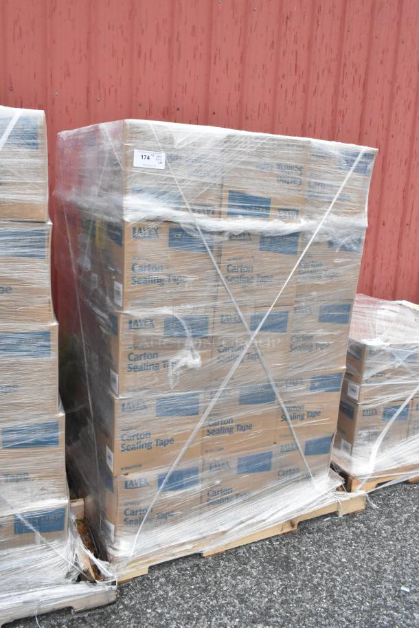 Pallet of 60 new boxes of Lavex 561AC1648100 acrylic carton sealing tape, 48 mm x 100 m, 36 rolls per case, shrink-wrapped.
