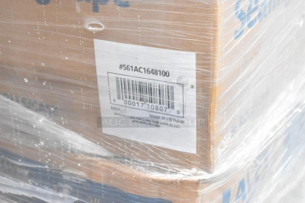 Stacked boxes of Lavex 1.6 Mil Acrylic 48mm x 100m carton sealing tape, labeled #561AC1648100, wrapped in plastic.