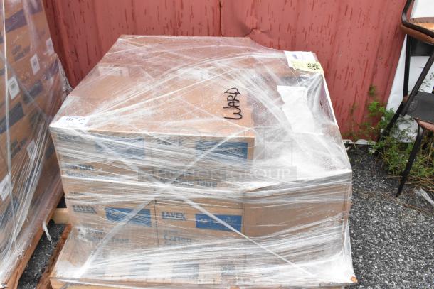 9 boxes of Lavex 1.6 Mil Acrylic Carton Sealing Tape, 48 mm x 100 m, 36/Case, brand new condition, wrapped on a pallet.