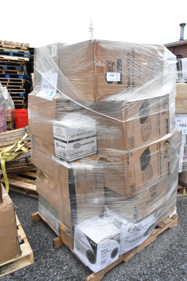 Pallet with 30 scratch and dent boxes, including food buckets, hot cups, forks, foil bags, can liners. Wrapped in plastic.