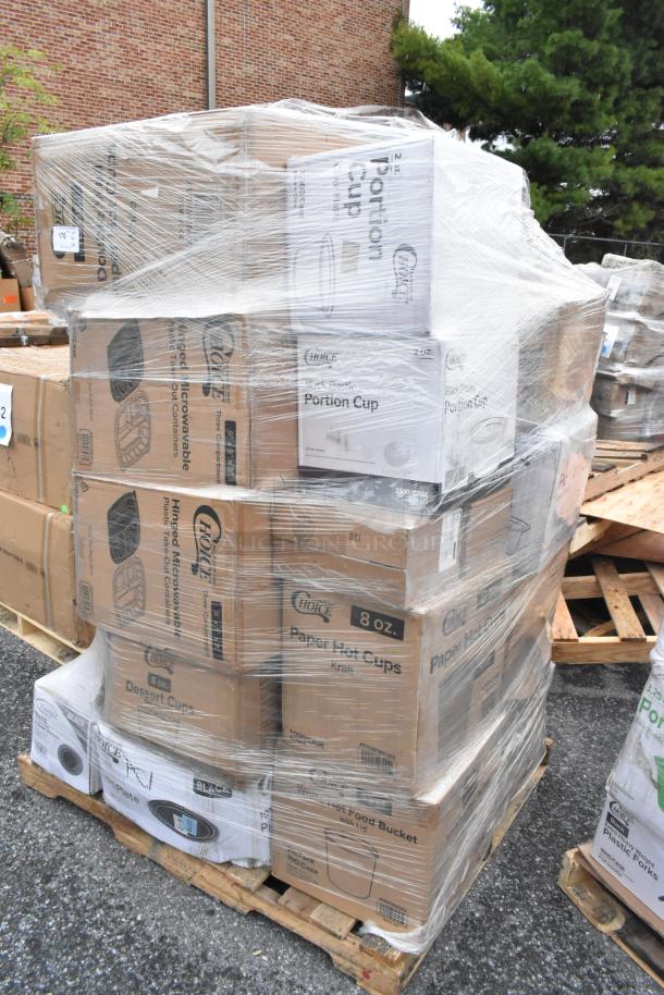Stack of 30 brand new, scratch and dent boxes with food buckets, hot cups, forks, foil bags, and can liners.