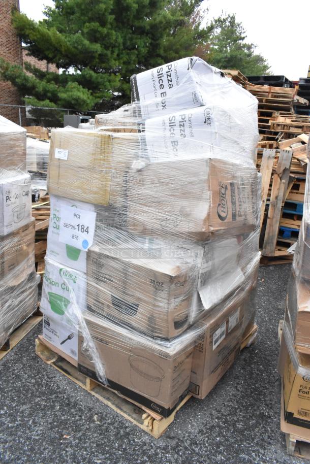 35 brand new scratch and dent boxes with plastic forks, sandwich wrap sheets, plates, and T-shirt bags, wrapped on a pallet.