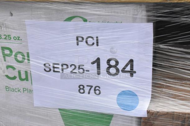 Shrink-wrapped pallet with label PCI SEP25-184, containing 35 new boxes of plastic forks, wrap sheets, plates, and T-shirt bags.