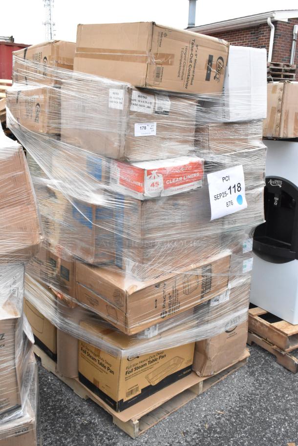Stack of 32 brand new scratch and dent boxes on pallet, includes forks, ice bags, hot cups, burger cups, and T-shirt bags.