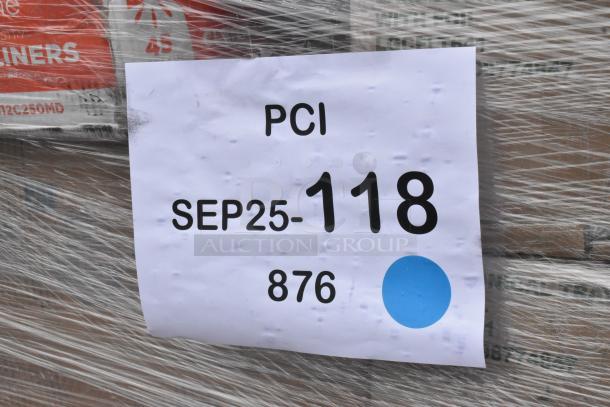 32 pallets wrapped in plastic, labeled "PCI SEP25-118 876" with a blue dot, containing various new items.