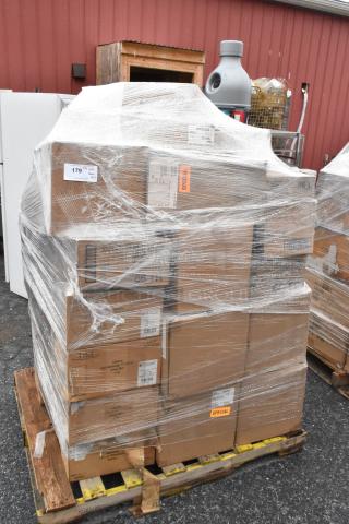 Pallet of 43 boxes labeled "SPECIAL," containing bath tissue dispensers, rack dolly, plates. New, scratch and dent condition.