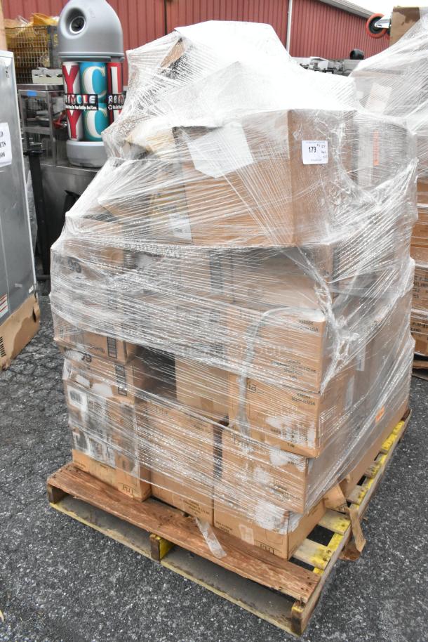 Pallet with 43 boxes, shrink-wrapped, containing bath tissue dispenser, rack dolly, plates, marked for auction, new with slight damages.