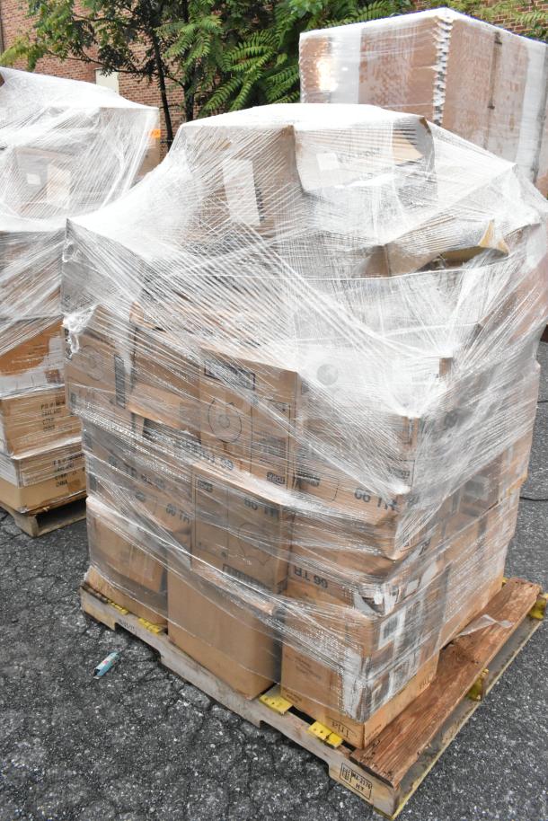 Pallet of 43 new scratch-and-dent boxes wrapped in plastic, including bath tissue dispensers, rack dolly, plates.