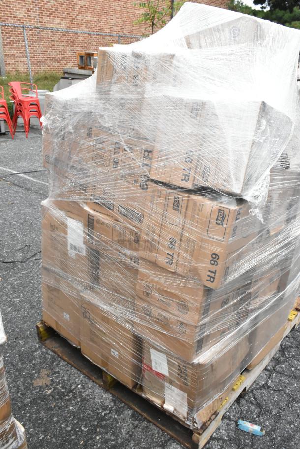 Pallet of 43 scratch and dent boxes wrapped in plastic, containing bath tissue dispenser, rack dolly, and plates.