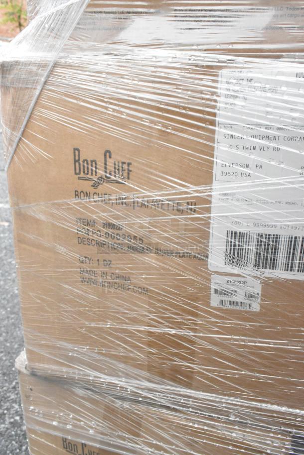 43 new scratch and dent boxes with Bon Chef marked supplier plates wrapped in plastic. Includes bath tissue dispenser, rack dolly, plates.