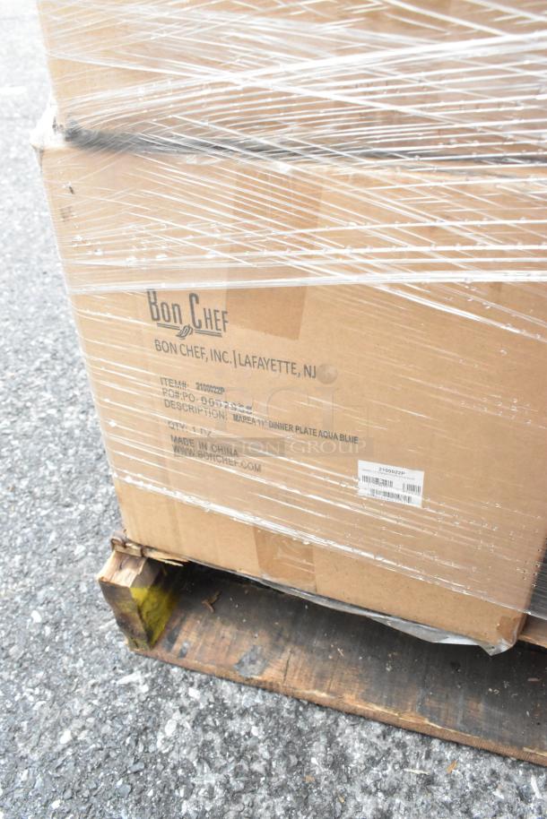 Box labeled "Bon Chef, Lafayette, NJ" containing plates, wrapped in plastic. Scratch and dent condition.