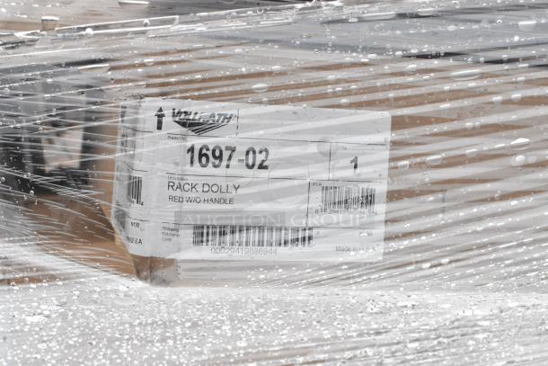 Brand new scratch and dent lot of 43 boxes, including Vollrath rack dolly without handle, visible label details.
