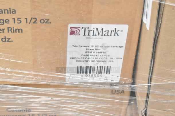 Boxes labeled "TriMark" with tags for Tria Catania 15.5 oz iced beverage glasses, 12 pcs per case, made in USA, dated 04/2019.