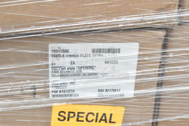 Plastic-wrapped boxes labeled "Tavola Dinner Plate 11" dia," with visible markings and barcodes. Special sale tag attached.